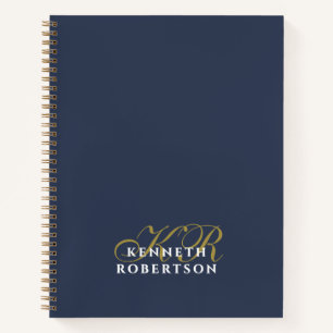 Navy Blue Monogram Gold White Minimalist Chic Men Notebook