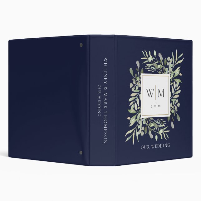 Navy Blue Monogram Greenery Wedding Photo Album Binder (Background)