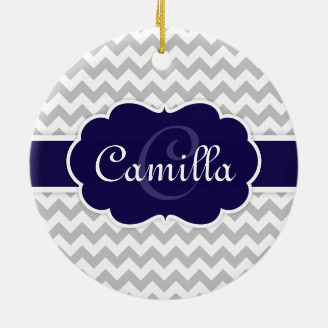 Navy Blue Monogram Grey Chevron Pattern Ceramic Ornament (Back)