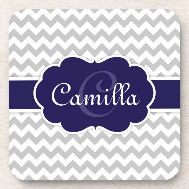 Navy Blue Monogram Grey Chevron Pattern Coaster (Front)
