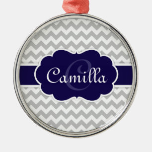 Navy Blue Monogram Grey Chevron Pattern Metal Ornament