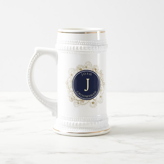Navy Blue Monogram Groomsmen Beer Stein (Left)