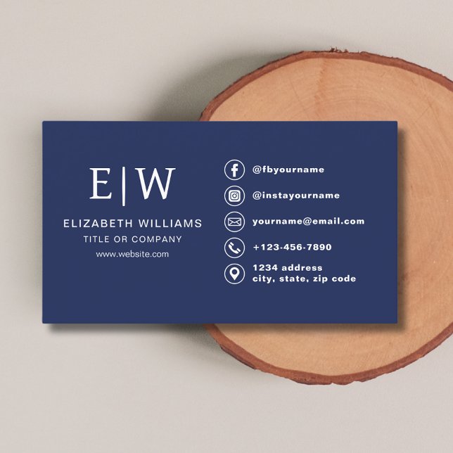 Navy Blue Monogram Minimalist Social Media Icons Business Card (Creator Uploaded)
