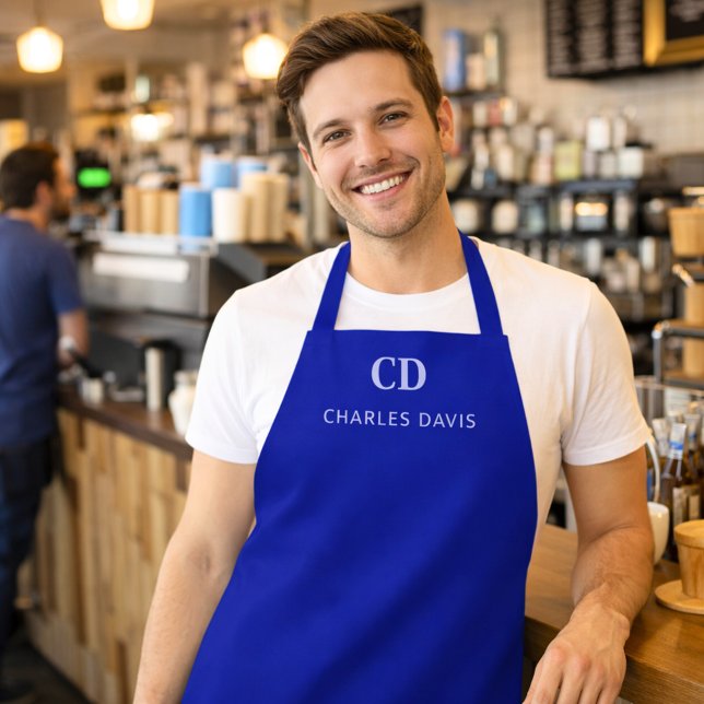 Navy blue monogram name business apron (Creator Uploaded)
