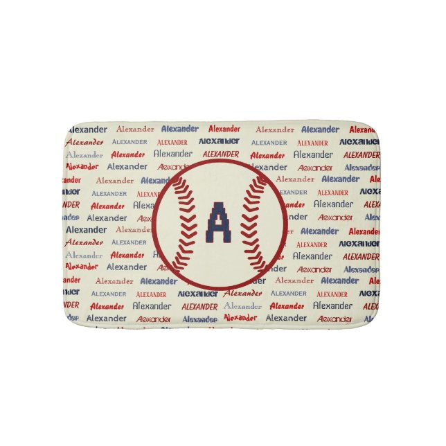 Navy Blue Monogram Name Gifts for Kids baseball Bath Mat (Front)