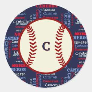 Navy Blue Monogram Name Gifts Kids boys baseball C Classic Round Sticker