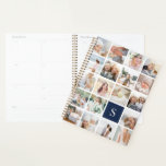 Navy Blue Monogram Photo Collage Planner<br><div class="desc">Customize this chic planner with 19 square photos arranged in a grid collage layout,  with your single initial monogram on a navy blue square at the lower right. Back cover has tone on tone stripes in matching classic navy blue.</div>