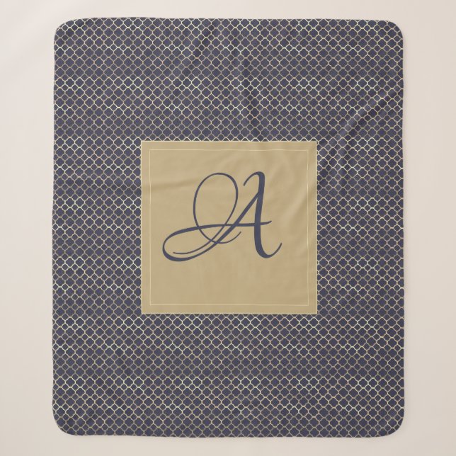Navy Blue Monogram Quatrefoil Newlyweds Wedding Sherpa Blanket (Front)