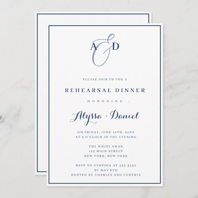 Navy Blue Monogram Rehearsal Dinner Invitation (Front/Back)