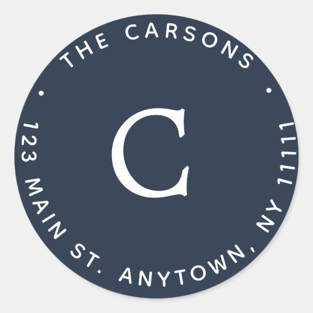 Navy Blue Monogram Round Return Address Label (Front)