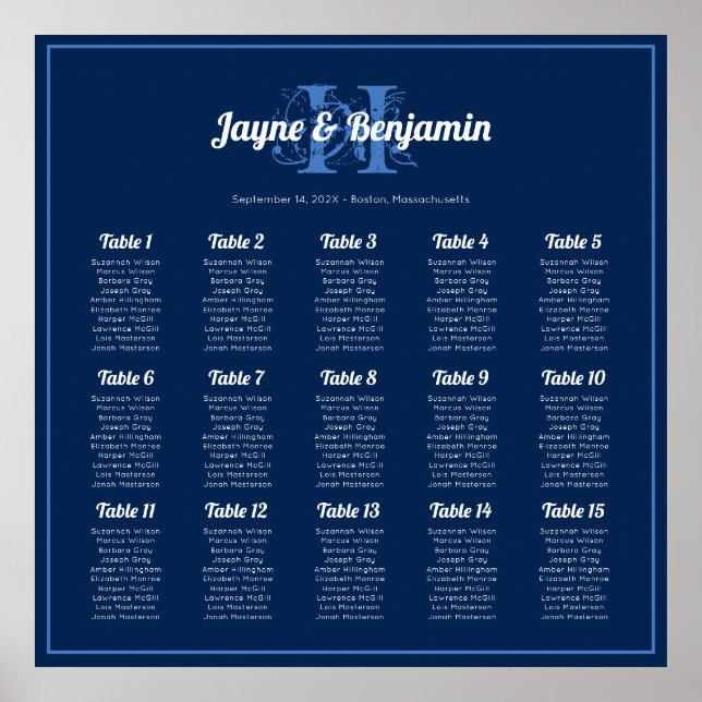 Navy Blue Monogram Seating Chart Square Poster (Front)