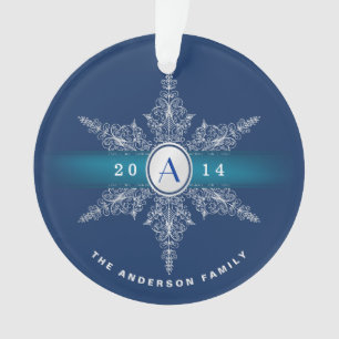 Navy Blue Monogram Snowflake Christmas Ornament