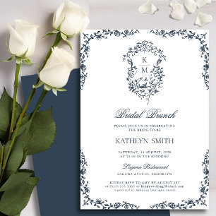 Navy Blue Monogram Vintage Crest Bridal Brunch Invitation