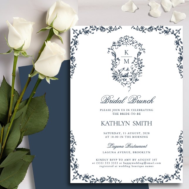 Navy Blue Monogram Vintage Crest Bridal Brunch Invitation (Creator Uploaded)