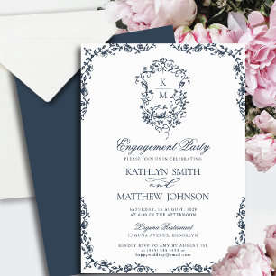 Navy Blue Monogram Vintage Crest Engagement Party Invitation