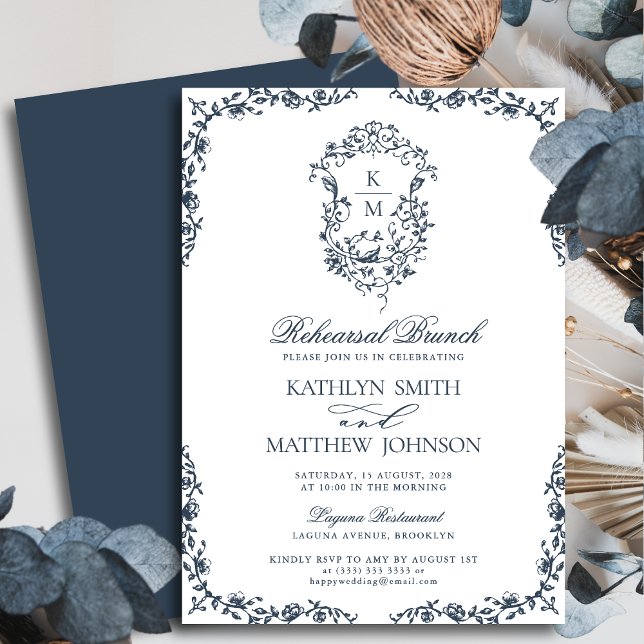 Navy Blue Monogram Vintage Crest Rehearsal Brunch Invitation (Creator Uploaded)