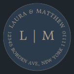 Navy Blue Monogram Wedding Classic Round Sticker<br><div class="desc">Modern and minimalist wedding Sticker featuring your two initial monogram and address. A simple design that still comes across as chic and stylish. These envelopes are a great way to add an elegant touch to your wedding invitation suite.</div>