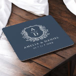 Navy Blue Monogram Wedding Floral Crest Elegant Square Paper Coaster<br><div class="desc">Elevate your wedding decor with our Navy Blue Monogram Wedding Floral Crest Elegant Square Paper Coaster. Featuring a deep navy blue background, a classic floral crest, and a personalized monogram, this coaster offers a timeless blend of sophistication and charm. Ideal for cocktail hours, receptions, or bridal showers, it adds a...</div>