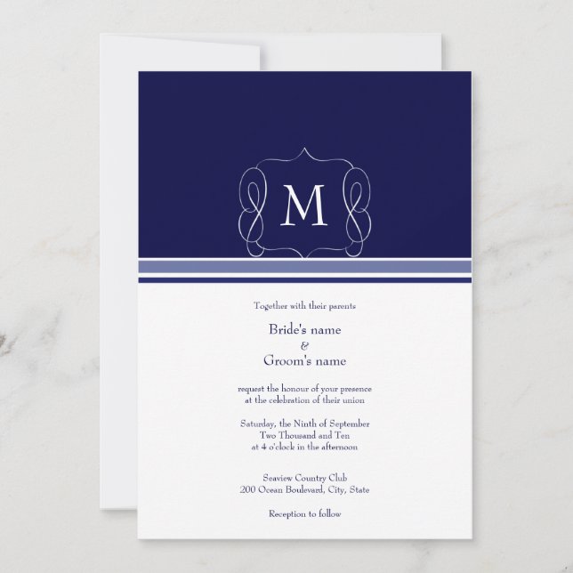 Navy Blue Monogram Wedding Invitations (Front)