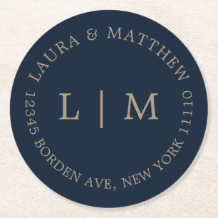 Navy Blue Monogram Wedding Round Paper Coaster