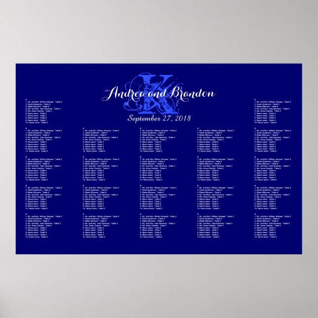 Navy Blue Monogram Wedding Seating Chart (Front)