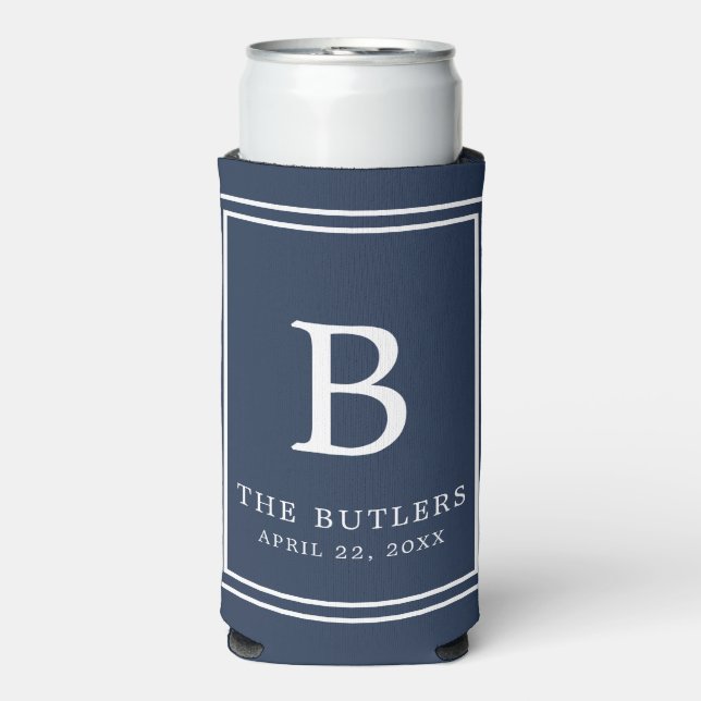 Navy Blue Monogram Wedding Seltzer Can Cooler (Seltzer Front)