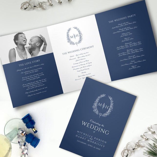Navy blue monogram wreath story dedication wedding Tri-Fold programme (Creator Uploaded)