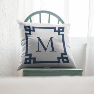 Navy Blue Monogrammed Greek Key Border Throw Pillow