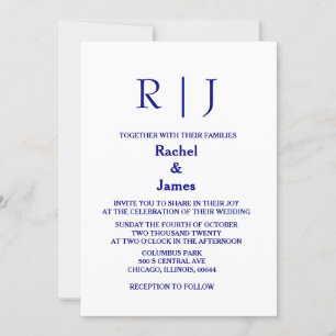 Navy Blue Monograms Minimal Simple Elegant Wedding Invitation