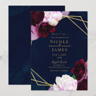 Navy Blue Moody Floral Modern Gold Glam Wedding Invitation