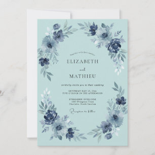 Navy Blue Moody Floral Wedding Invitation