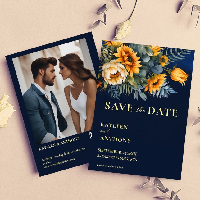 Navy blue moody rustic sunflowers photo template (Navy blue moody rustic sunflowers fall summer wedding photo template save the date card)
