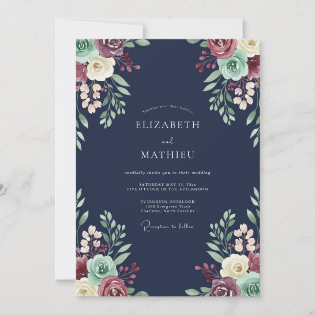 Navy Blue Moody Succulent Wedding Invitation (Front)