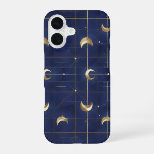 Navy Blue Moon and Gold Grid Design iPhone 16 Case