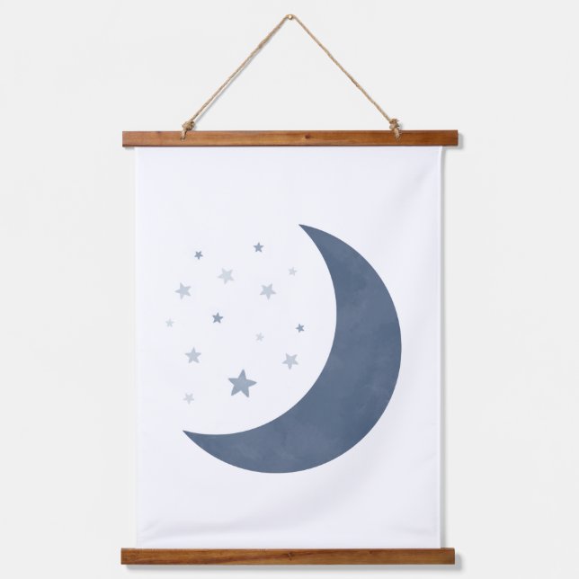 Navy Blue Moon and Stars Boy Nursery Hanging Tapestry (Front)
