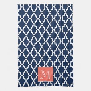 Navy Blue Moroccan Coral Monogram Kitchen Towel