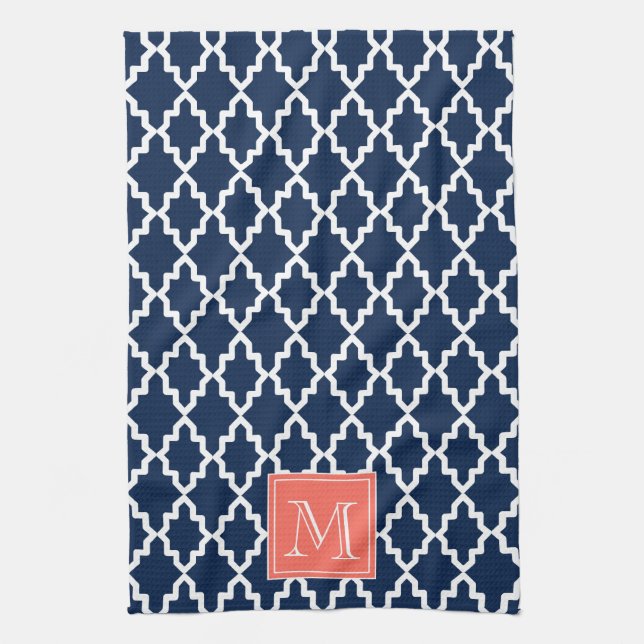 Navy Blue Moroccan Coral Monogram Kitchen Towel (Vertical)