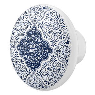Navy-Blue Moroccan Floral Mandala Pattern Ceramic Knob