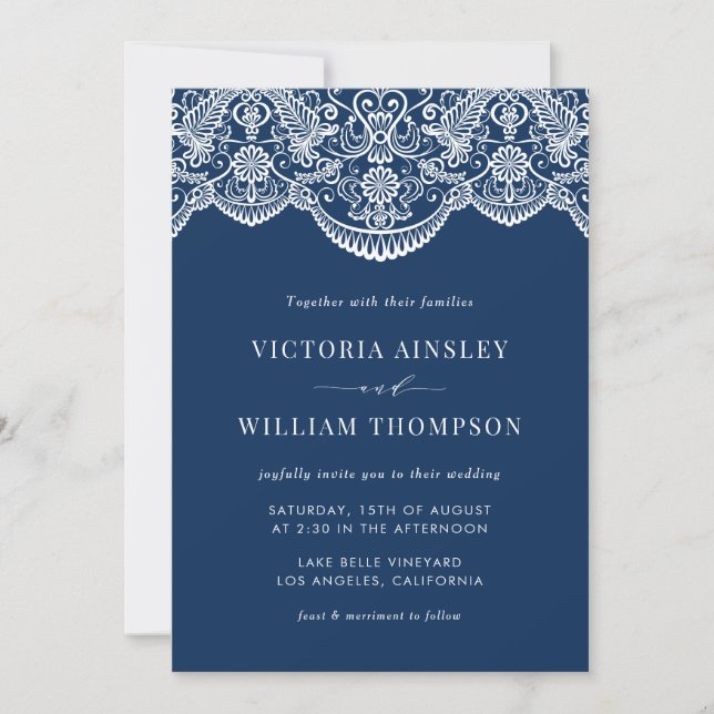 Navy Blue Moroccan Lace Pattern Wedding Invitation (Front)