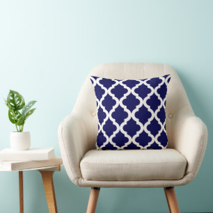 Navy Blue Moroccan Quatrefoil Pattern Throw Pillow