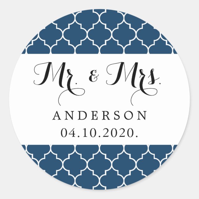 Navy Blue Moroccan Trellis, Quatrefoil, Wedding Classic Round Sticker (Front)
