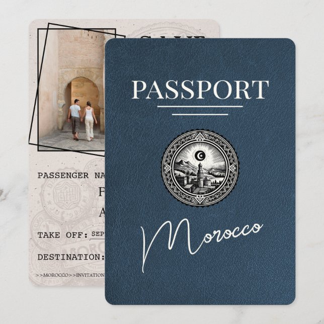 Navy Blue Morocco Passport Save The Date (Front/Back)