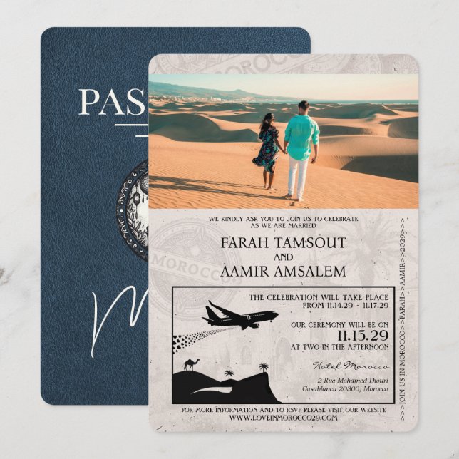 Navy Blue Morocco Passport Wedding Invitation (Front/Back)