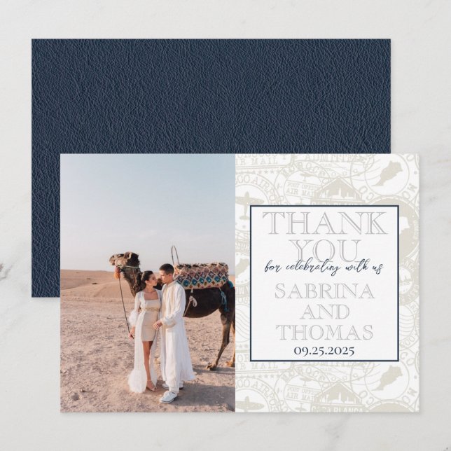 Navy Blue Morocco Wedding Photo Thank You (Front/Back)