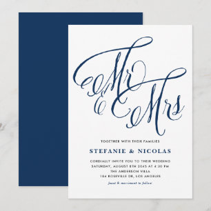 Navy Blue Mr. and Mrs. Rustic Calligraphy Wedding Invitation