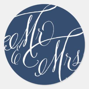 Navy Blue Mr. & Mrs. Elegant Script Wedding Classic Round Sticker