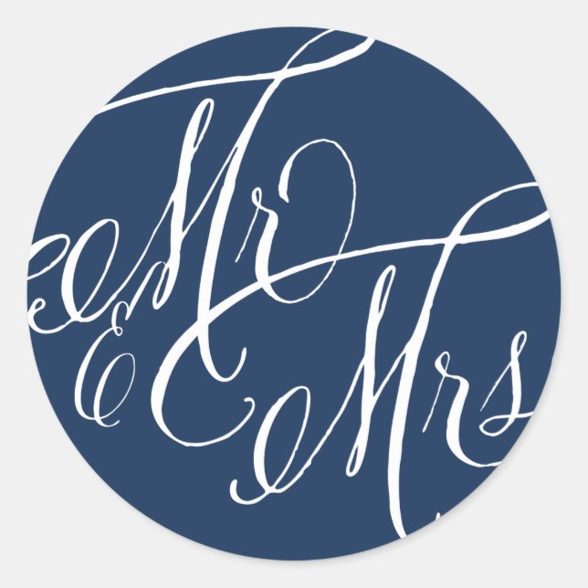 Navy Blue Mr. & Mrs. Elegant Script Wedding Classic Round Sticker (Front)