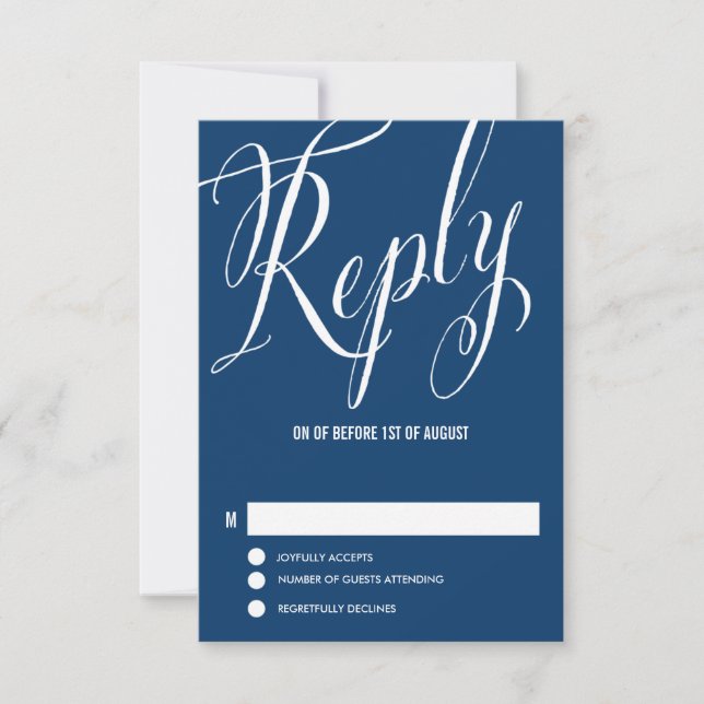 Navy Blue Mr. & Mrs. Elegant Script Wedding RSVP (Front)