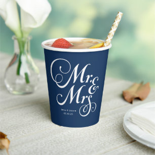Navy Blue Mr. & Mrs. personalized rustic wedding Paper Cups