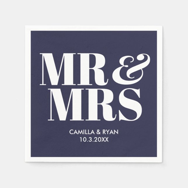 Navy Blue Mr & Mrs Personalized Wedding Napkins (Front)